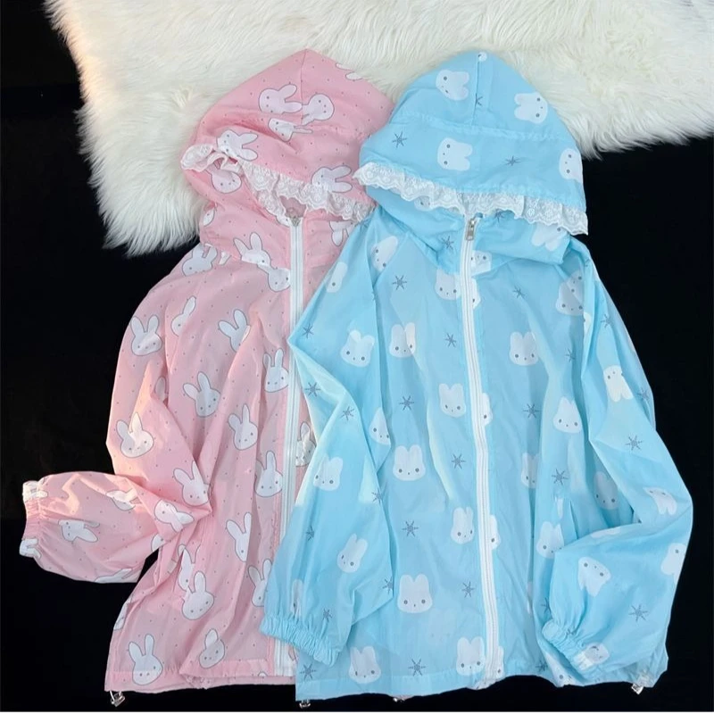 Sweet Kawaii Japanese Style Cartoon Bunny Print Women Hooded Sun Protection Jacket Lace Trim Hood Loose Fit UV Proof Summer Casu