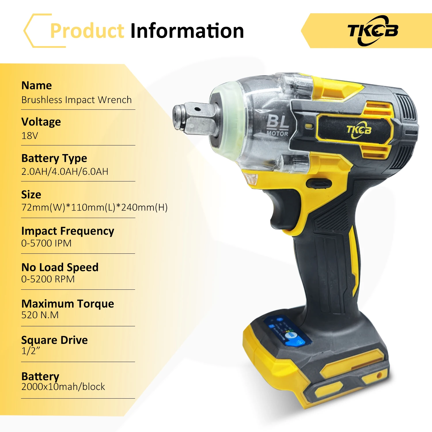 TKCB-llave de impacto eléctrica sin escobillas, 520n.M, 1/2 pulgadas Batería de iones de litio de 18 voltios, Compatible con Makita, para reparación