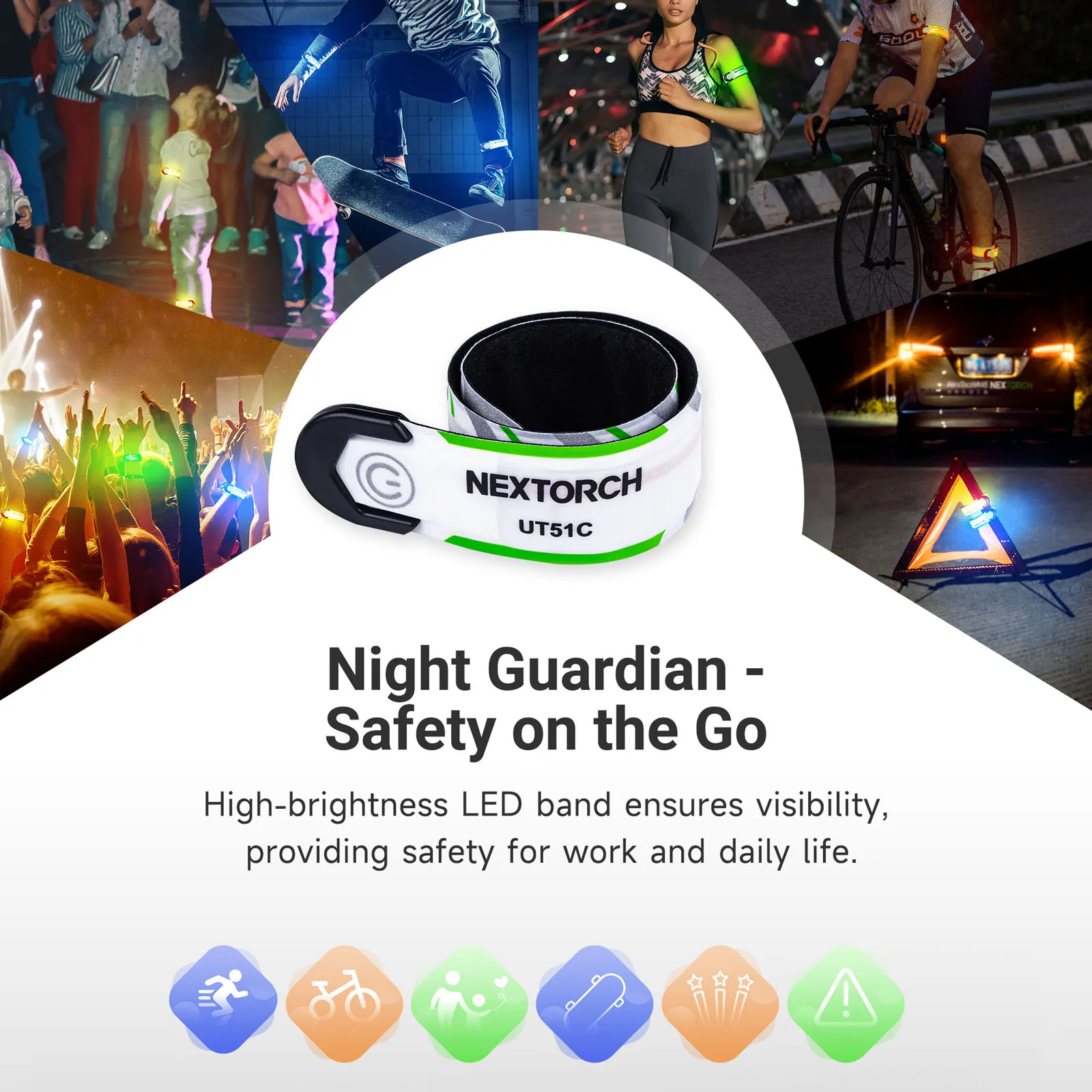 NEXTORCH-Bracelet lumineux LED aste en C laqué, source de lumière multicolore, sport de nuit, lumière de sécurité pour avertissement de signal