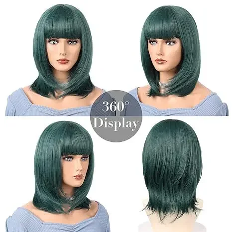 Women's wigs new wigwomen's straight wig bangs short straight hair inner buckle multi-level fashionable green full headgear wig