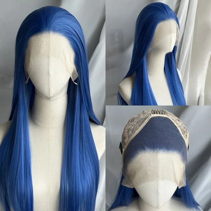 Peluca con malla frontal azul real, pelo largo liso 13*4, fibras resistentes al calor, peluca sintética de alta calidad, pelucas Jinx para Cosplay