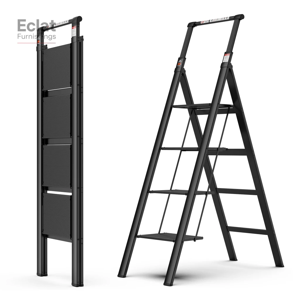 

4 Step Ladder, Retractable Handgrip Folding Step Stool with Anti-Slip Wide Pedal, Aluminum Step Ladders 4 Steps, 300lbs Safety,