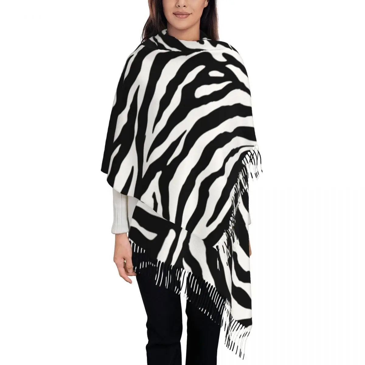 

Black White Zebra Print Shawl Wrap for Women Warm Large Long Scarf Animal Geometry Stripes Whirlpool Pashminas Tassel Scarves