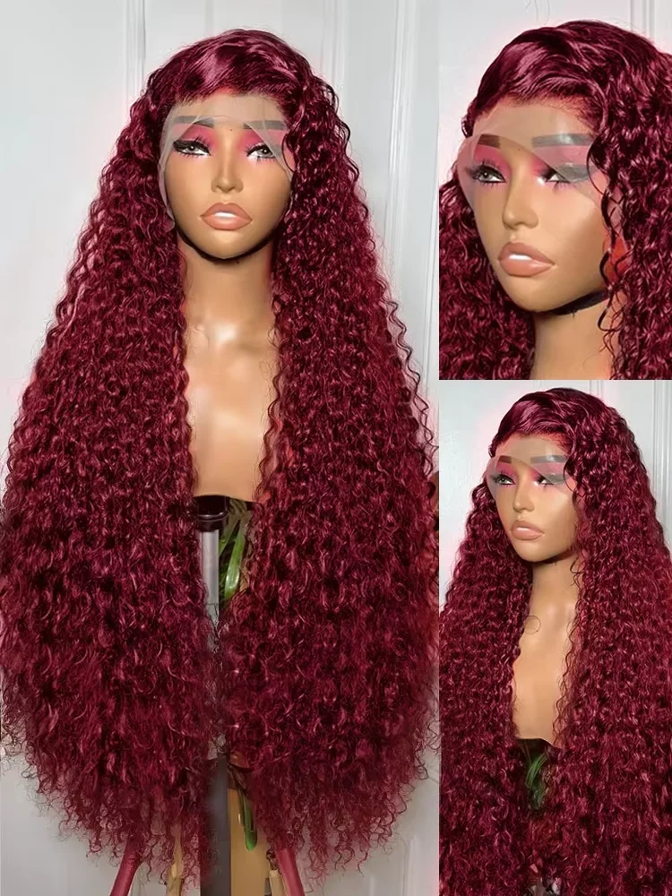 250 Density 13x4 Curly 99J Burgundy Colored Lace Front Wig 30 40 Inch Deep Wave 13x6 HD Lace Frontal Human Hair Wigs For Women