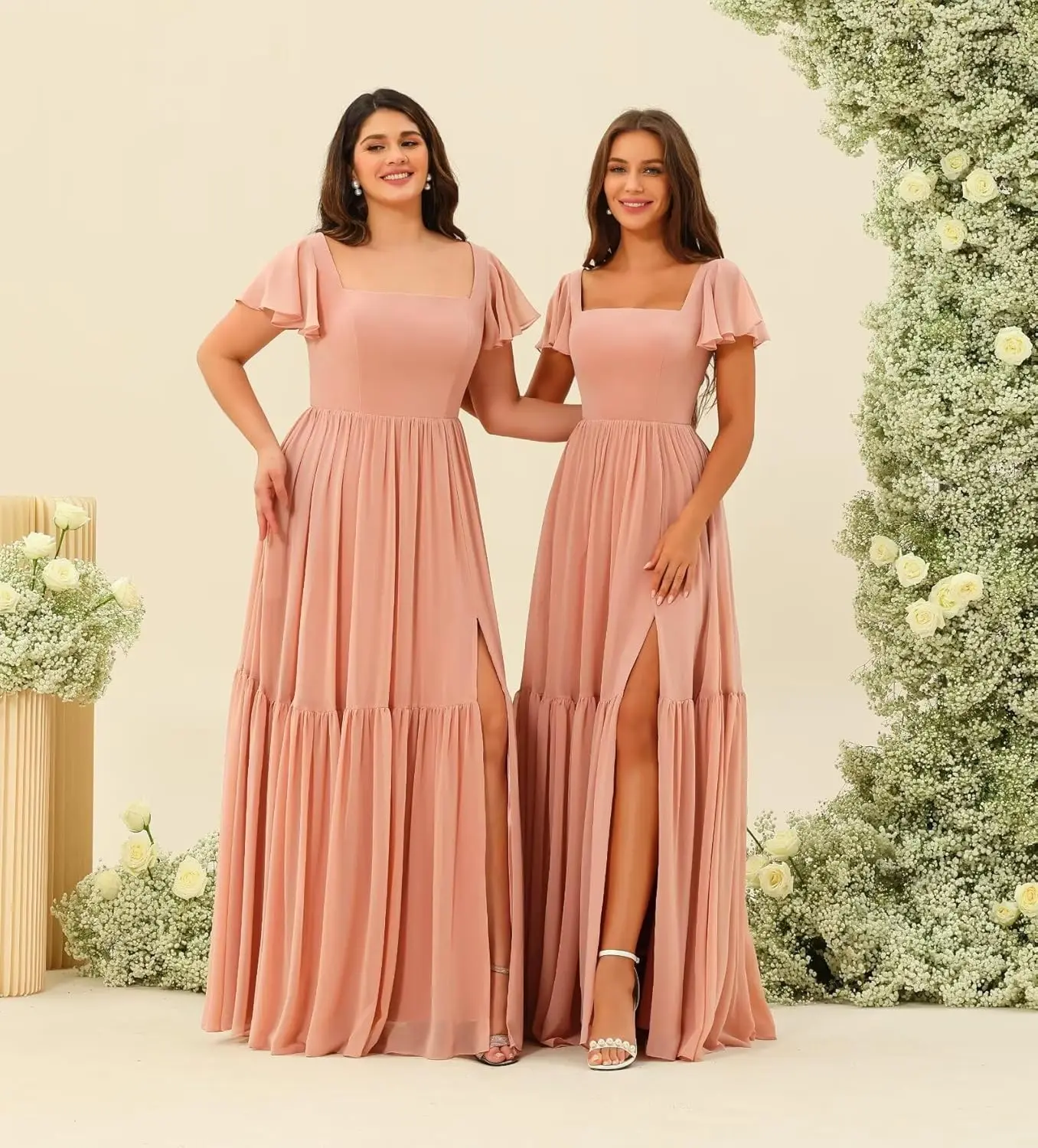 Chiffon Long Maxi Formal Party Dress 2025 Fashion Square Collar Wedding Bridesmaid Dress with Swinging Sleeves And Pockets