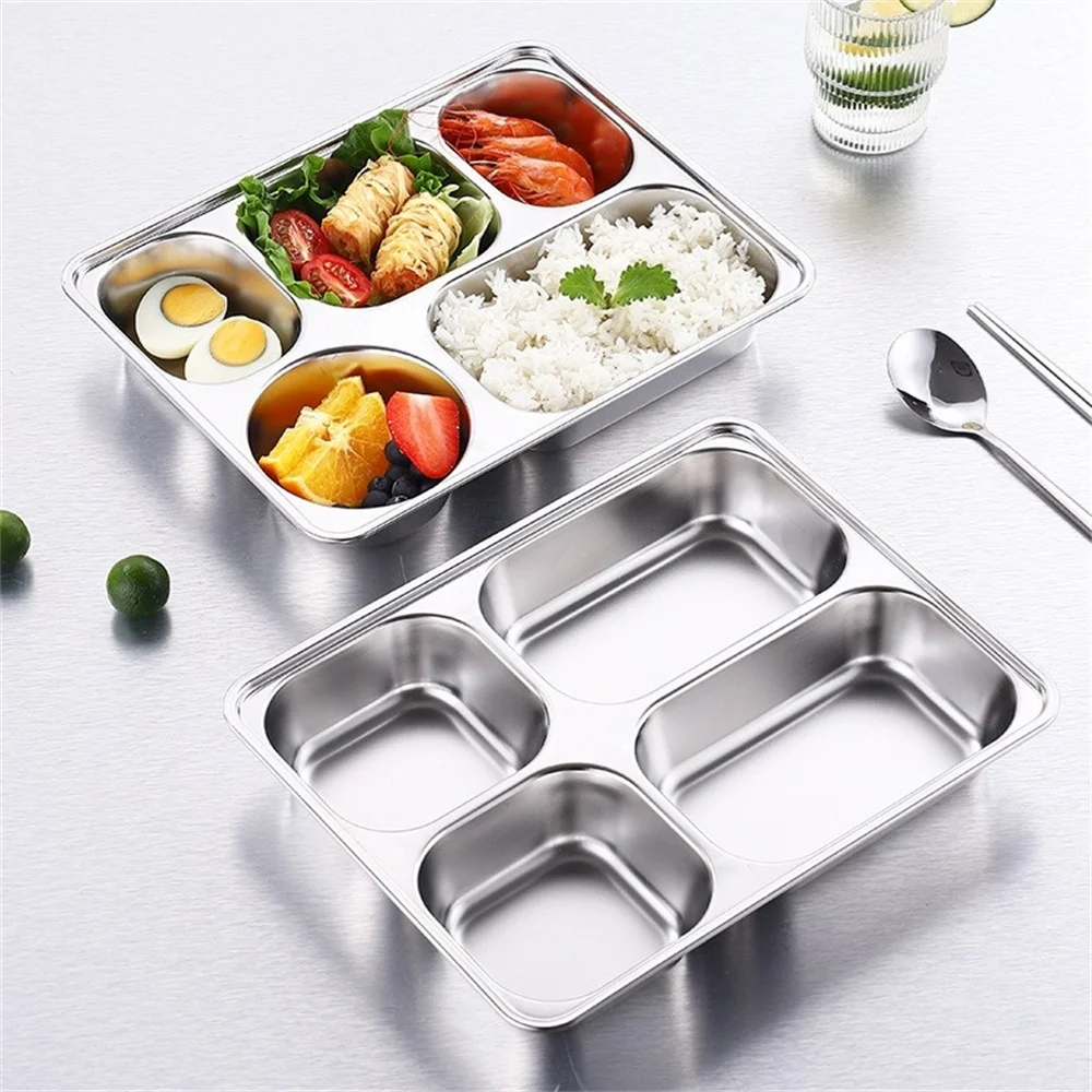 

1pc Stainless steel plates, square four grid five grid fast food plates, adult student canteens, thickened meal boxes, partition