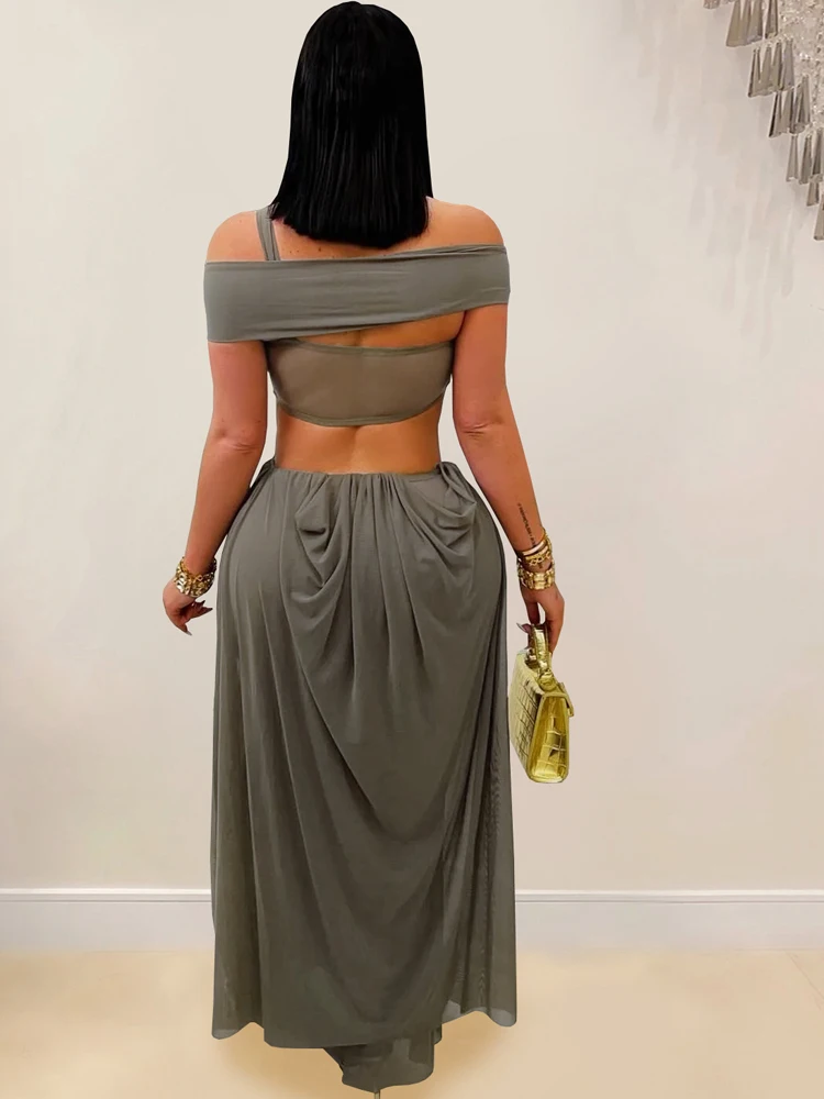 Kricessen Wunderschönes, schulterfreies, unregelmäßig drapiertes, langes Maxikleid mit Ausschnitten für Damen, glamouröses Mesh-Patchwork-Partykleid, Nachtclubwear