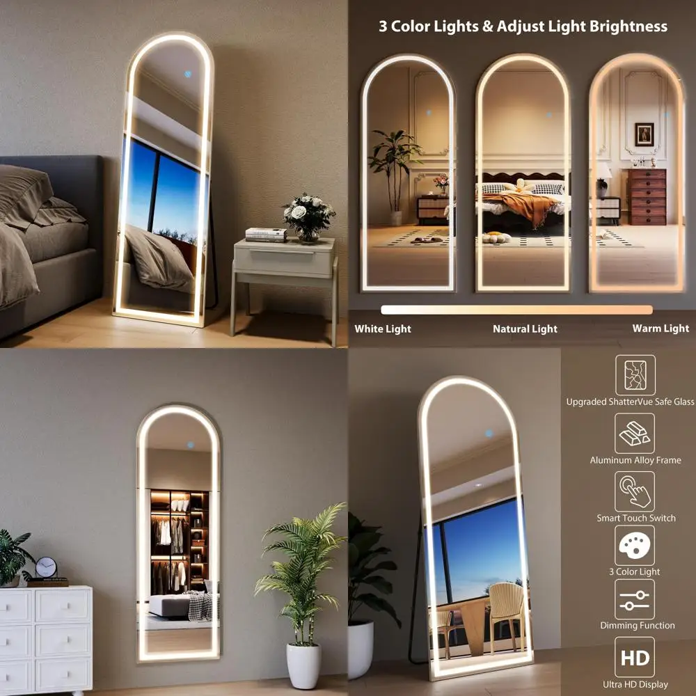 Espelho de chão de comprimento total com luzes reguláveis, 3 modos de cores, design arqueado, em pé, espelho corporal 63x20