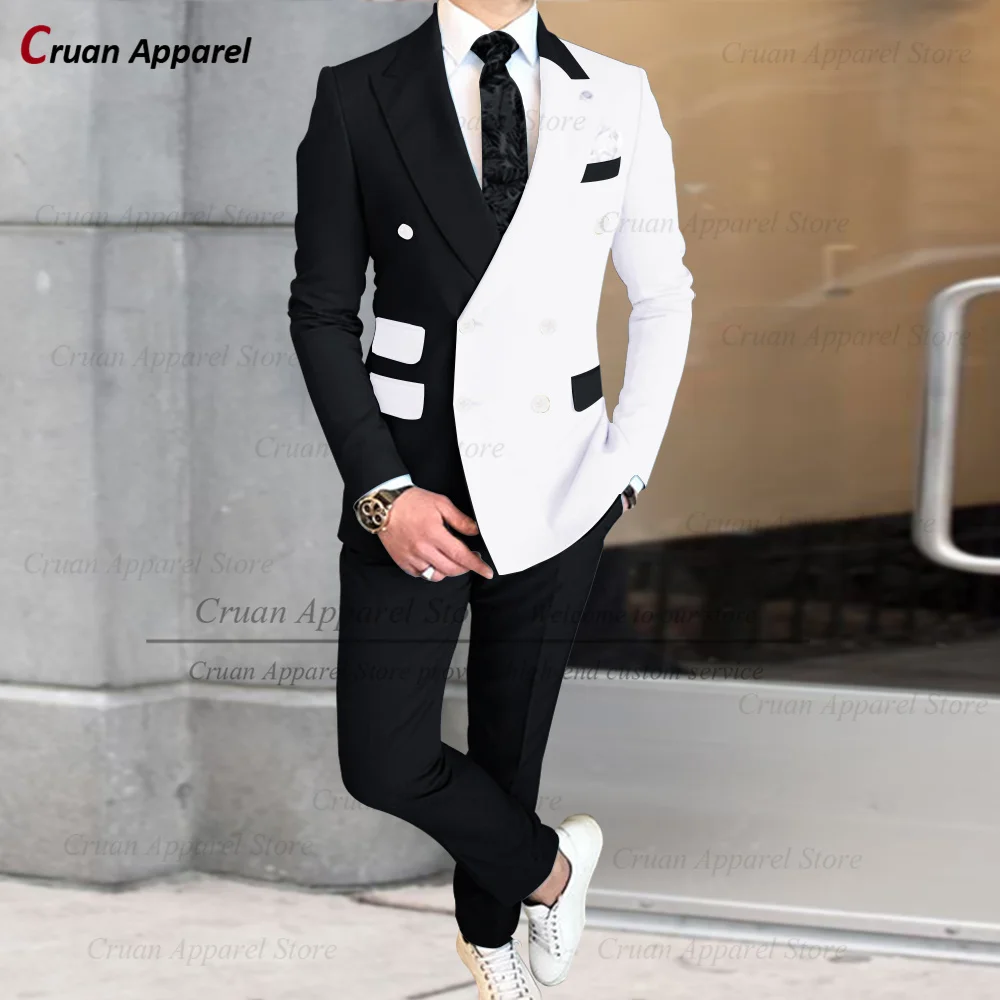 White Splicing Suit Sets For Men Formal Banquet Classic Double Breasted Blazer Pants 2 Pieces Evening Prom Elegant Male Outfits