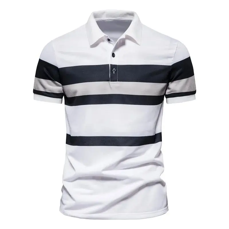 Men Summer Thin Business Style Color Block Striped Turn Down Collar Short Sleeve Casual Polo Shirts Daily Versatile Tops S-3XL