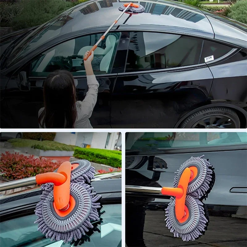 Roterende Auto Wash Dweil Borstel Auto Levert Driedelige Dubbele Kop Telescopische Mop Dakreinigingsaccessoires Voor Onderhoud