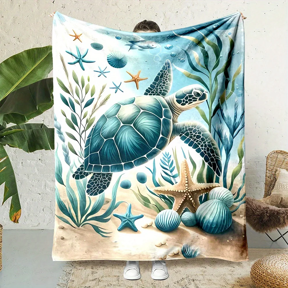 Decorative Ocean Sea Turtle Blanket Throw Coastal Nautical Beach Decor Starfish Undersea Life Tropical Plush Fuzzy Sofa Cover