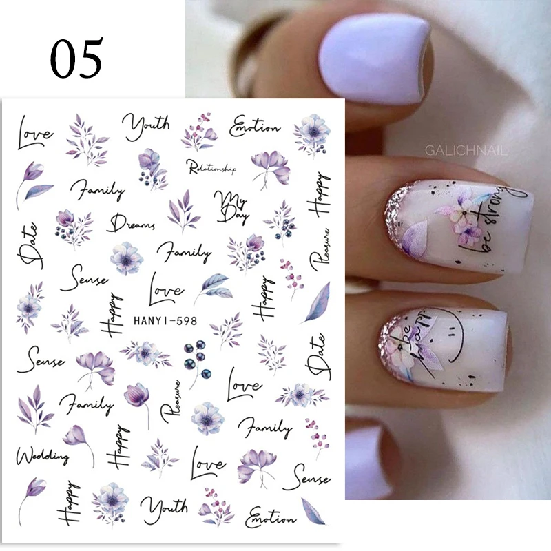 Purple Flower 3D Nail Stickers Green Leaf Floral Cherry Spring Nail Art Water Decals Sliders Manicure Butterfly Nail Tips Decor