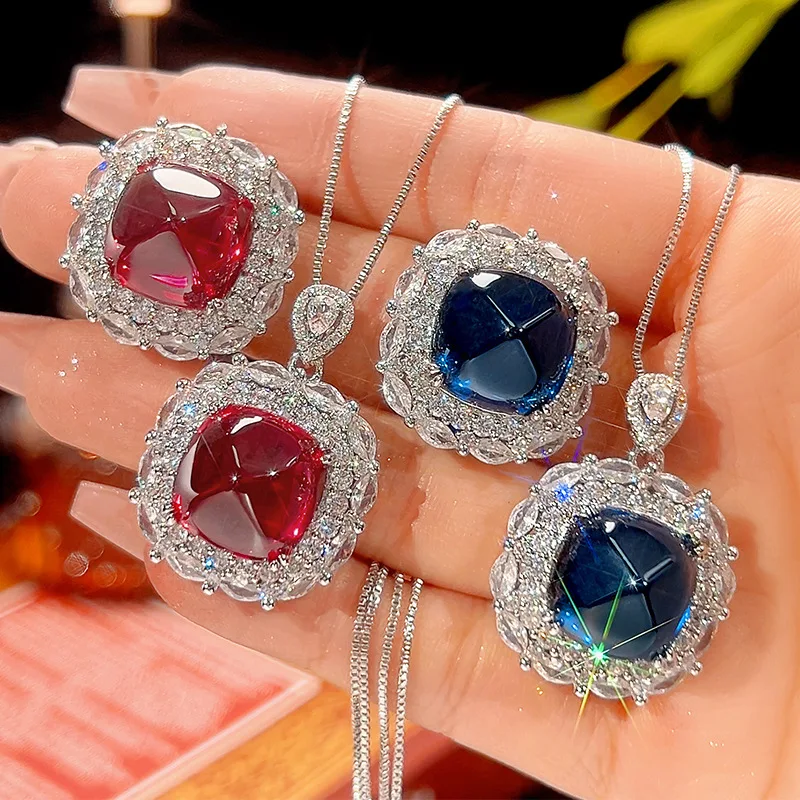 

Jewelry set with red corundum and blue spinel, vintage sugar tower pendant, main stone 14*14