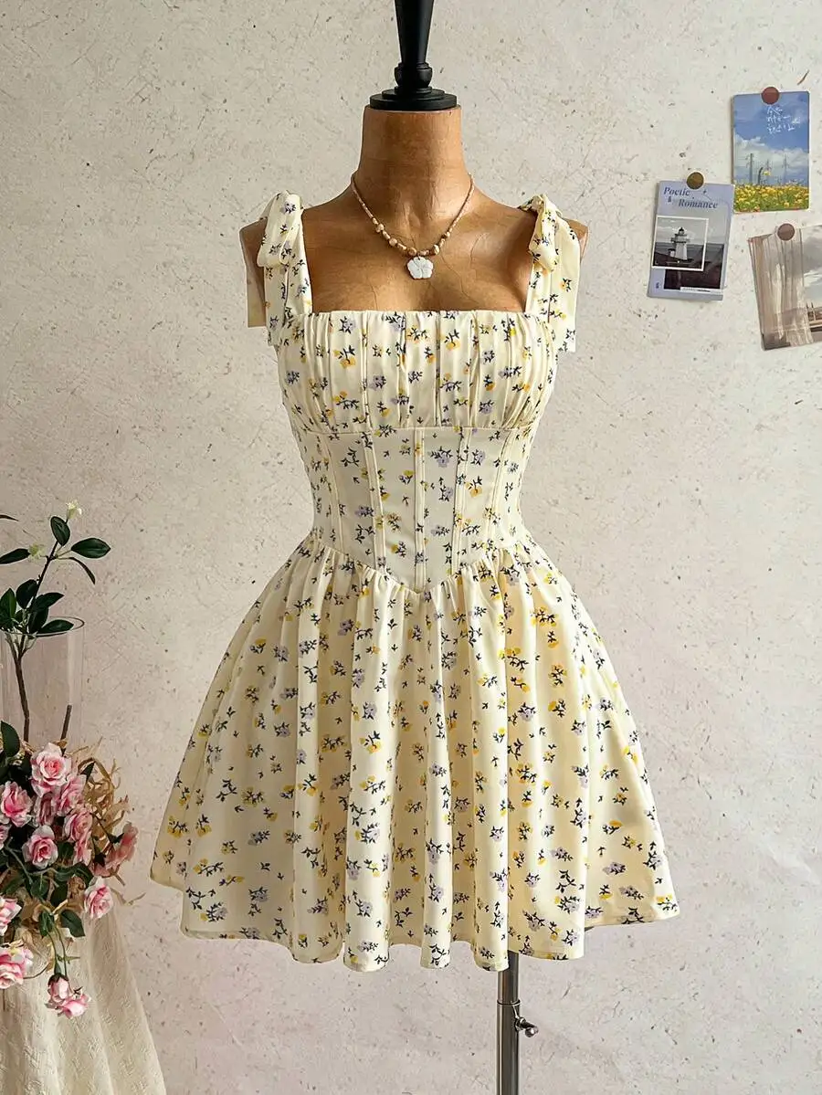

Sweet Floral Print Mini Dress With Ruched Bodice And Bow Shoulder Straps, Boho Romantic A-Line For Summer Vacation Party