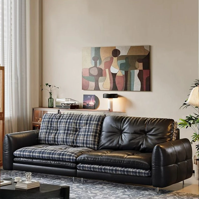 Oiled Wax Full Top-grain Cowhide Mixed Tone Straight Sofa Dual Season Detachable Leather Fabric Convertible Leisure Couch