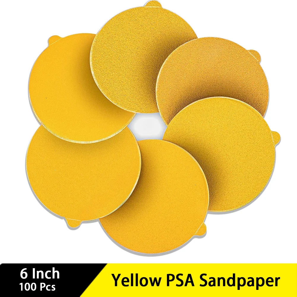 

6 Inch Yellow PSA Sandpaper 100 Pcs Assorted 60/80/120/220/400 Grit Hook and Loop for Polishing Automotive Car Paint Woodworking