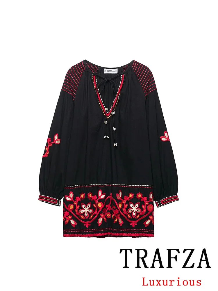 

TRAFZA Vintage Casual Chic Women Dress V-Neck Long Sleeve Embroidery Loose Short Vestidos New Fashion 2025 Summer Holiday Dress