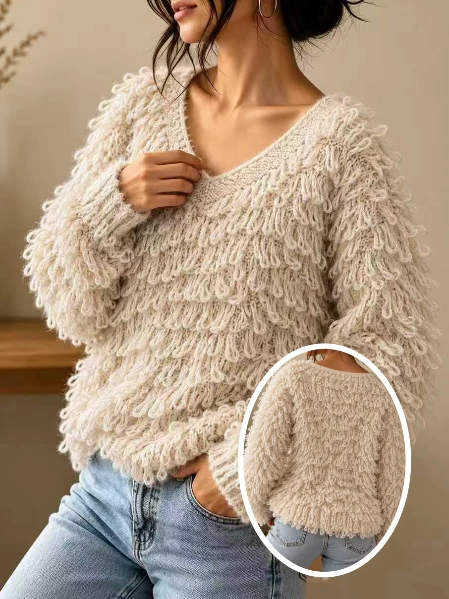 Women Fall Winter V Neck Shaggy Textured Loose Long Sleeve Knit Pullover