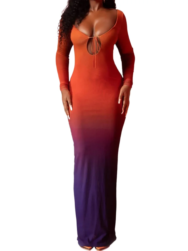 

Gradient Slim Long Dresses Women Sexy V-neck Hollow Out Backless Leace-up Package Party Club Dress Trend Streetwear Vestidos
