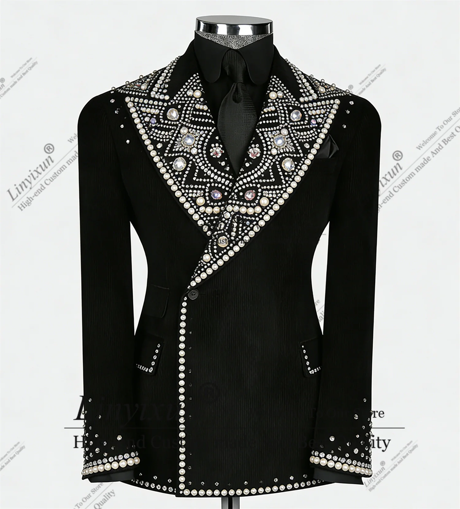 

Retro-Style Crystal Diamond Men Suits 2 Pieces Party Prom Blazer Customized Costume Homme Double Breasted Groom Wedding Tuxedo