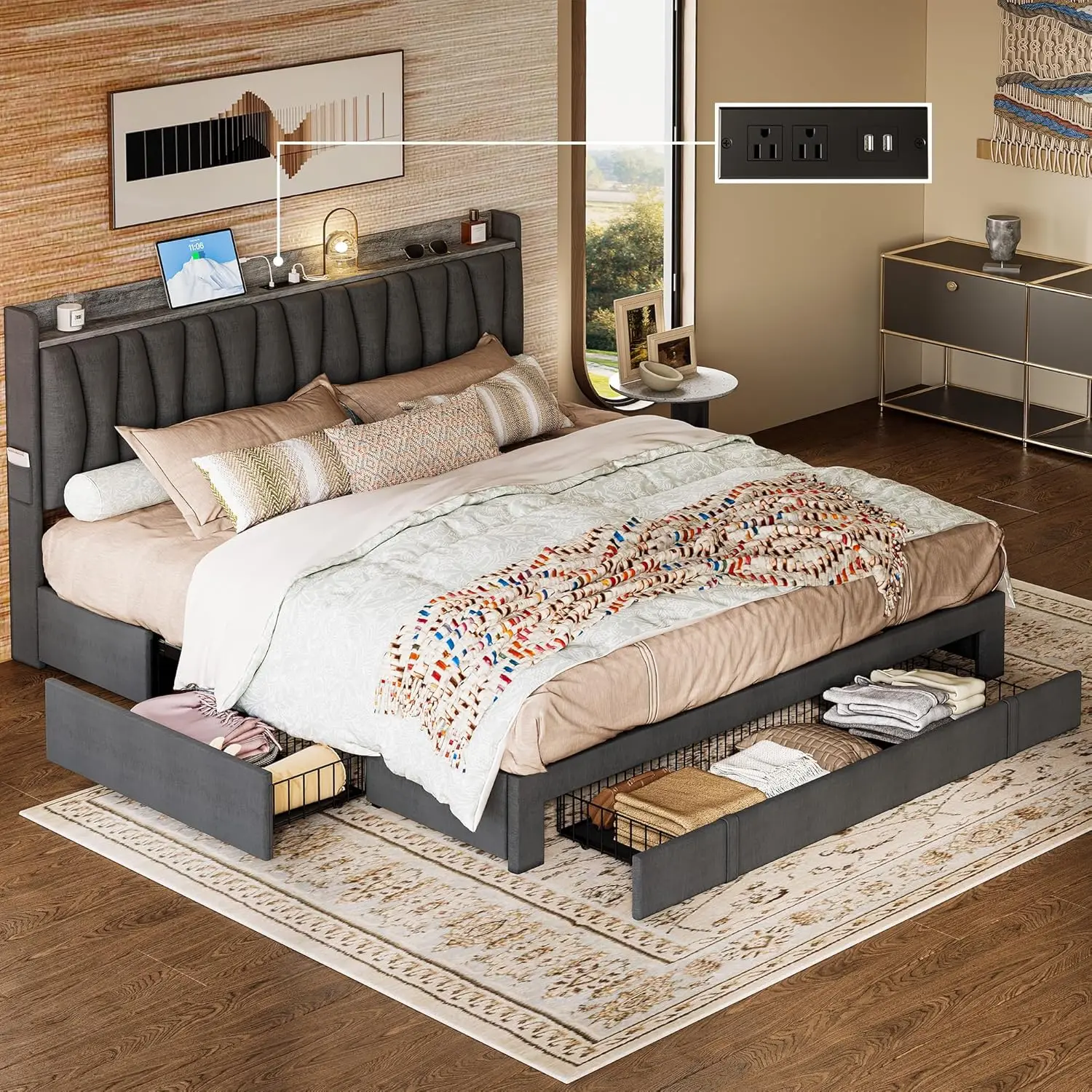 King Size Bed Frame with Storage Headboard and Charging Station, Upholstered Platform Bed with 3 Drawers, No Box Spring Needed