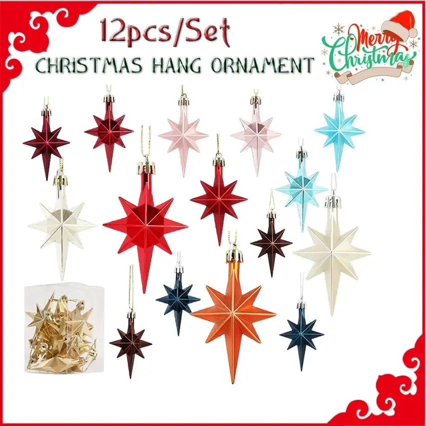 12pcs/Set Eight Pointed Star Christmas Tree Hang Pendant Plastic Christmas Shiny Ball Festival Ornament For Home Bar Party Decor