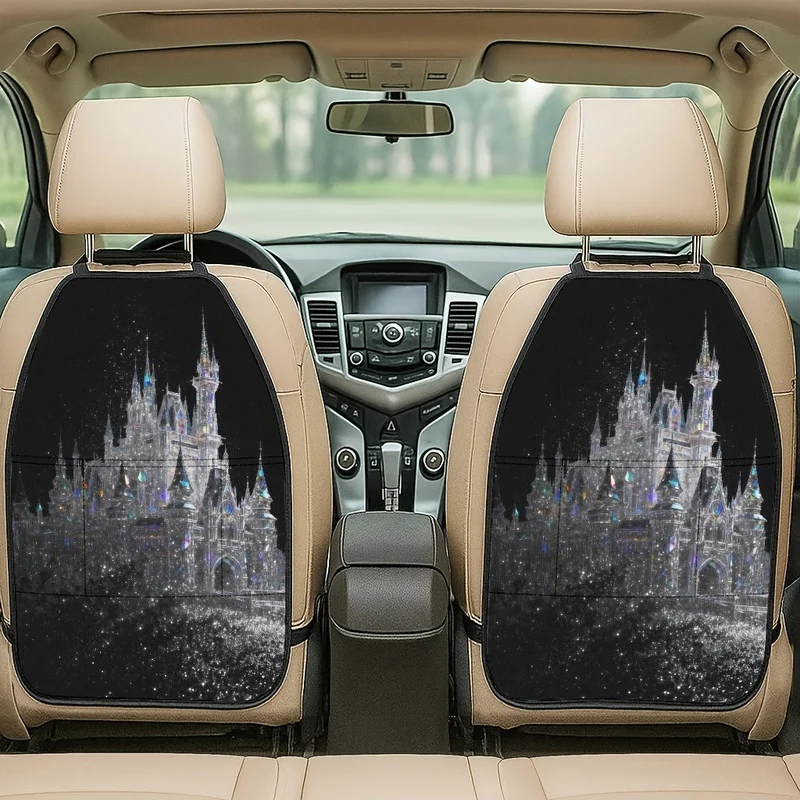 Car Seat Back Covers With Storage Pockets, Magical Crystal Castle Glitter Print, Fantasy Car Decor Accessory