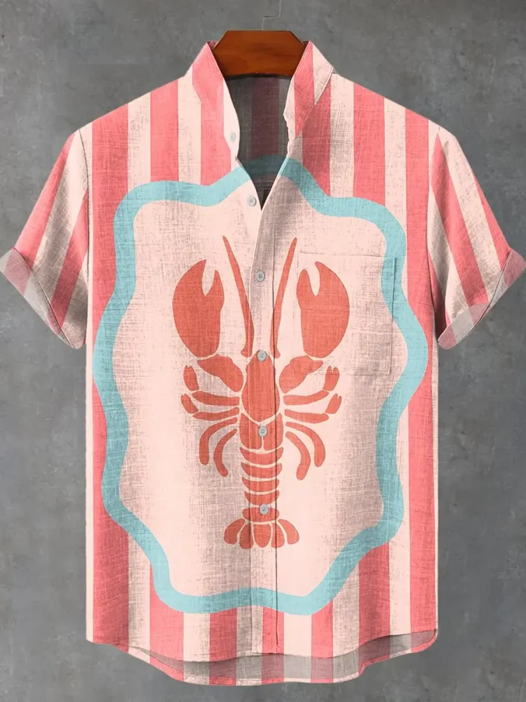 Herren-Hemd, Sommer, bequem, atmungsaktiv, modisch, Knopfleiste, lässig, Kunst, Hummermuster, bedruckt, Leinen, kurzärmelig, Herrenhemd