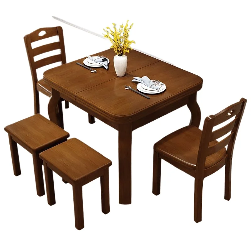 Retractable all-solid wood dining table and chairs for 4 people, modern simple rectangular folding dining table for 6 people,