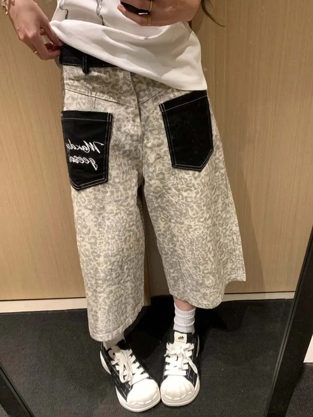 Men's Retro Leopard Print Pocket Patchwork Shorts Wide Leg Pants Summer Bottom Unisex Casual Sweatpants Male High Waist Trousers