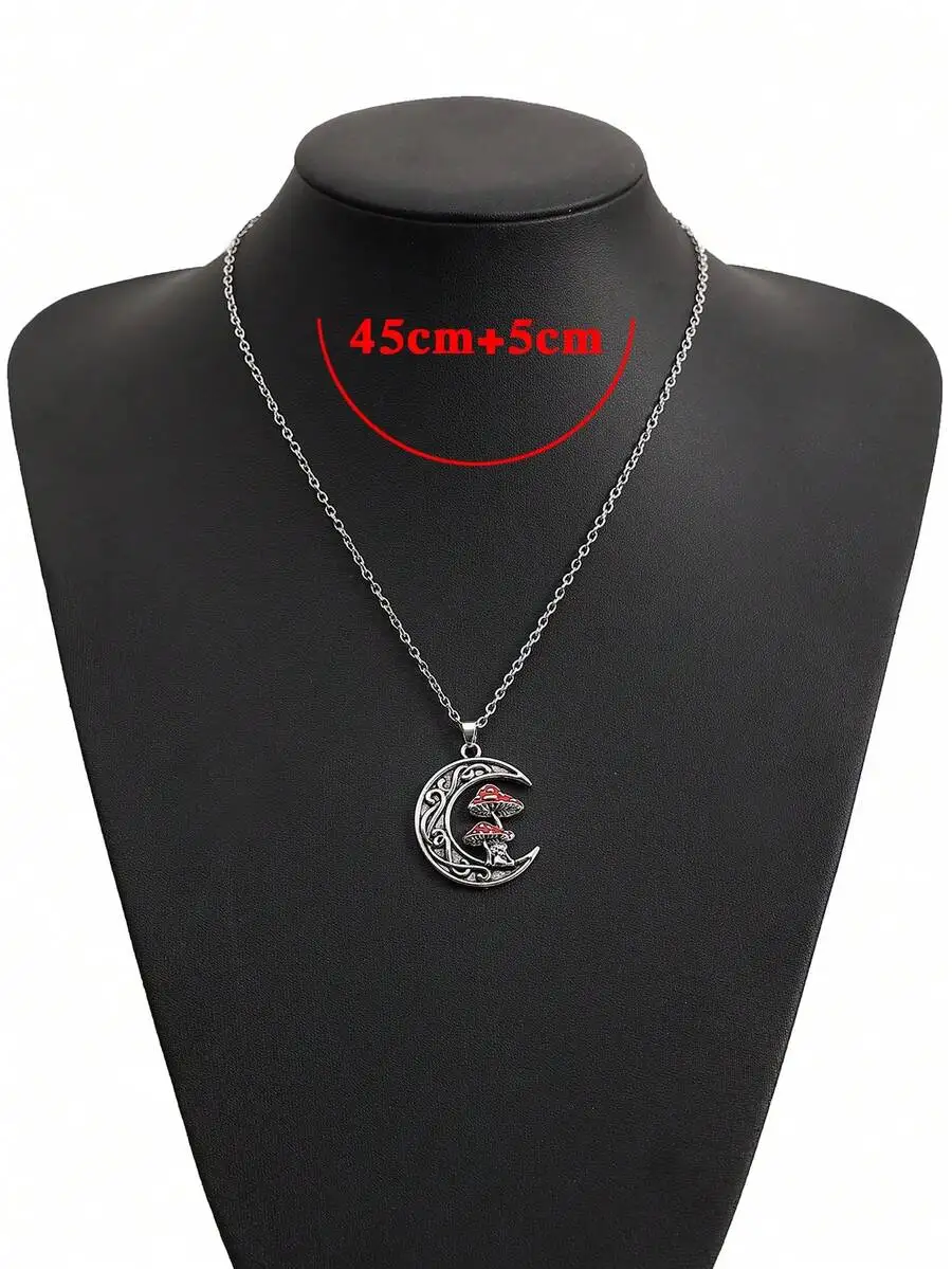 Boho-style zinc alloy mushroom and moon charm necklace for women — elegant gift-ready pendant
