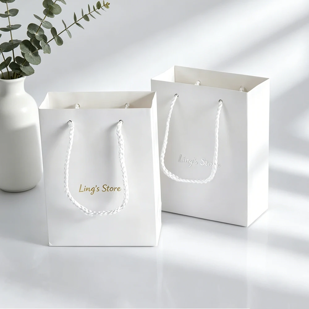 

100Pcs Personalized Logo White Jewelry Paper Handle Bag Cosmetic Perfume Shopping Gift Packaging Handbag Wedding Favors Pouch