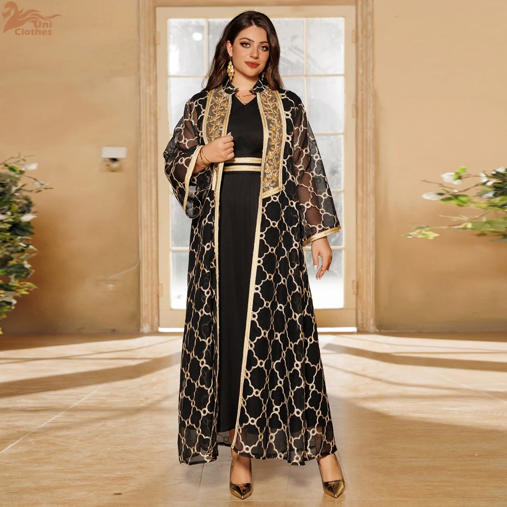 Muslim Dresses 2 Piece Sets for Women Moroccan Kaftan Embroidery Jalabiya Ramadan Dubai Open Abayas Islam Vestidos Cardigan Robe