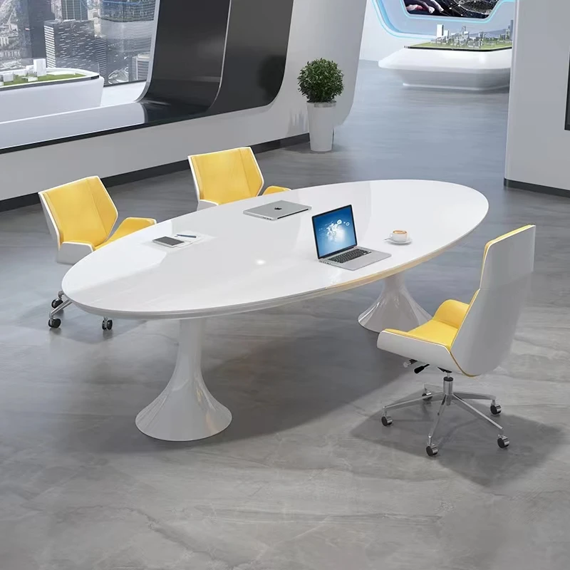 White painted oval conference table Simple modern large and small office desk and chair combination office negotiation long