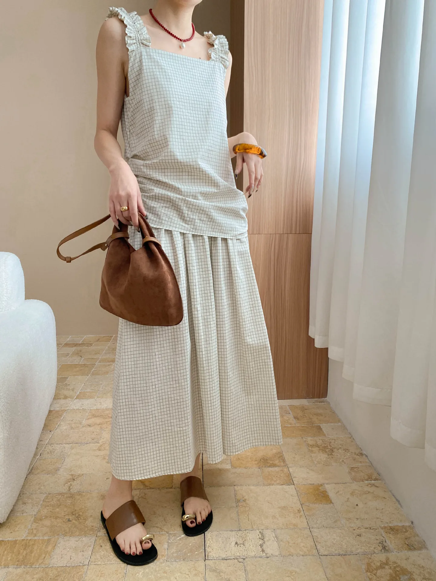 

Spring and summer women's casual checkered fake two-piece camisole dress