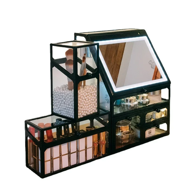 

Ящик для женщин, коробка для макияжа, прозрачная большая многослойная светодиодная коробка для макияжа, дизайнерская зеркальная кисть