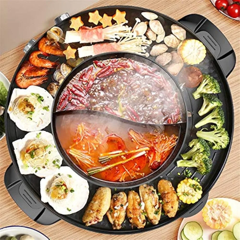 Hot Pot with Grill, 2000W 2 in 1 Electric Hot Pot Grill Cooker with Dual Temperature Control for 1-8 People