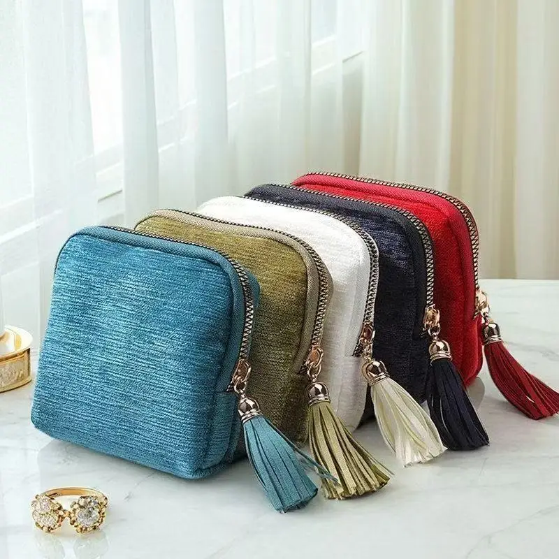 Soft Velvet Jewelry Pouch Multiple Compartments Tassel Zipper Lightweight Portable Bag for Vacation Jewelry Keeping