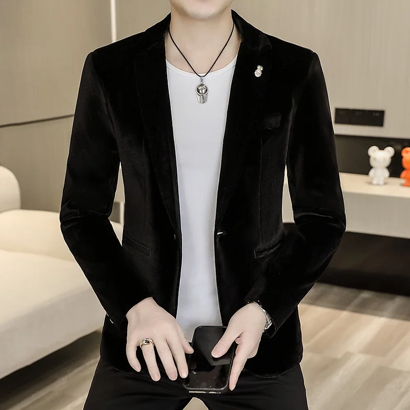 Blazer: An Outdoor Fashion Business Gentleman Wedding Host Slim-fit Casual Korean-style Youthful Men's Golden Velvet Blazer