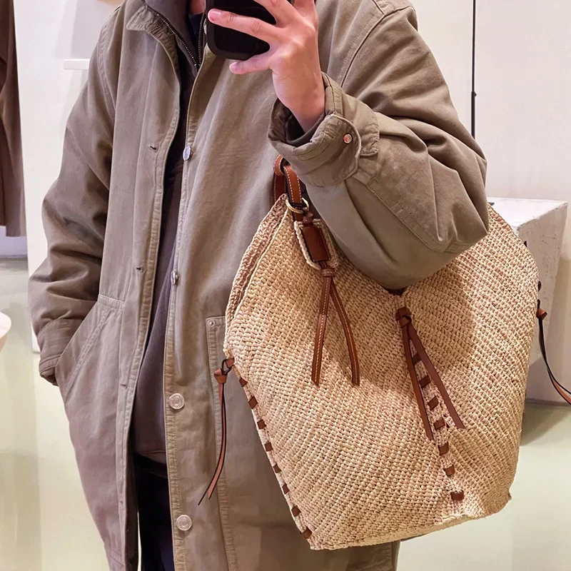 Lafite-Bolso de playa de paja tejido hecho a mano, bolso de hombro de gran capacidad, bolso de compras de viaje de rafia para mujer, vacaciones de verano Ca