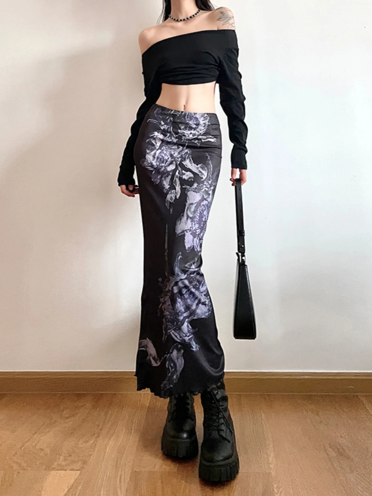 New Autumn Japanese Harajuku Cool Girl Fashion Printed Splicing Split Skirt Female Fashion Slim Kawaii Long Skirts