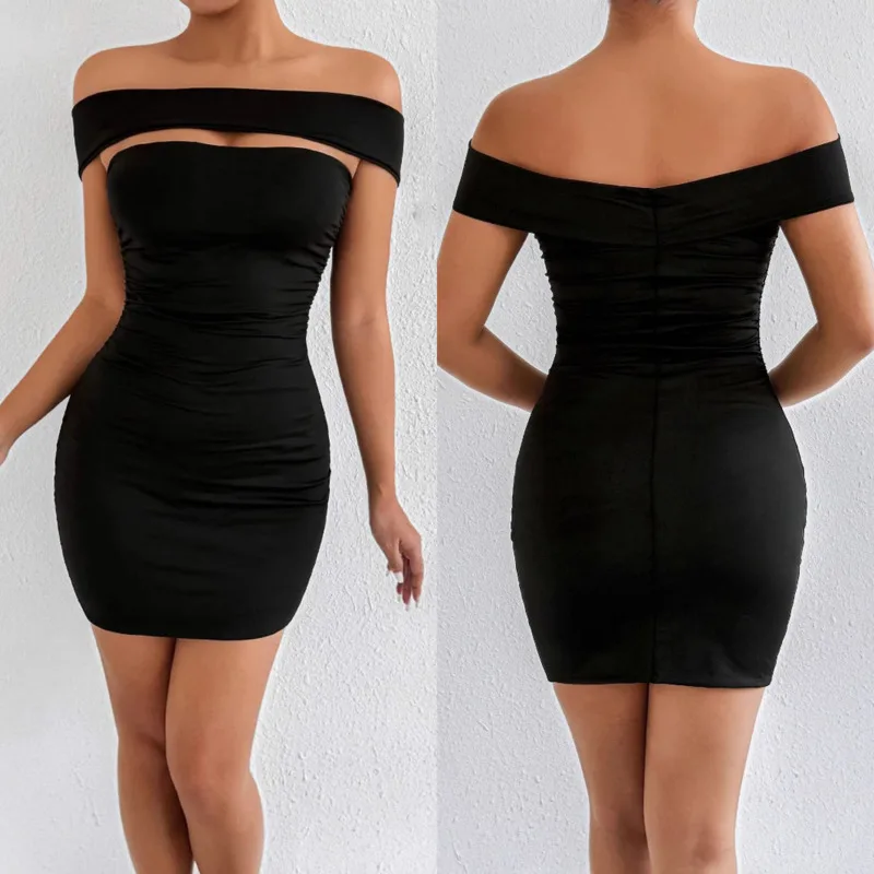 

Sexy Off-Shoulder Black Dress For Women Slim Fit Ruched Bodycon Short Dress Elegant Party Dress Summer Casual Evening Look New