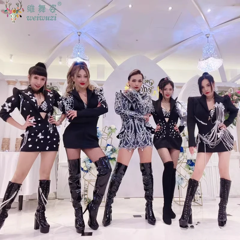 Sparkly Pailletten Steentjes Grote Mouwen Zwarte Jas Sexy Zanger Danser Nachtclub Jazzdans Kostuum Prestaties Show Stadium Slijtage