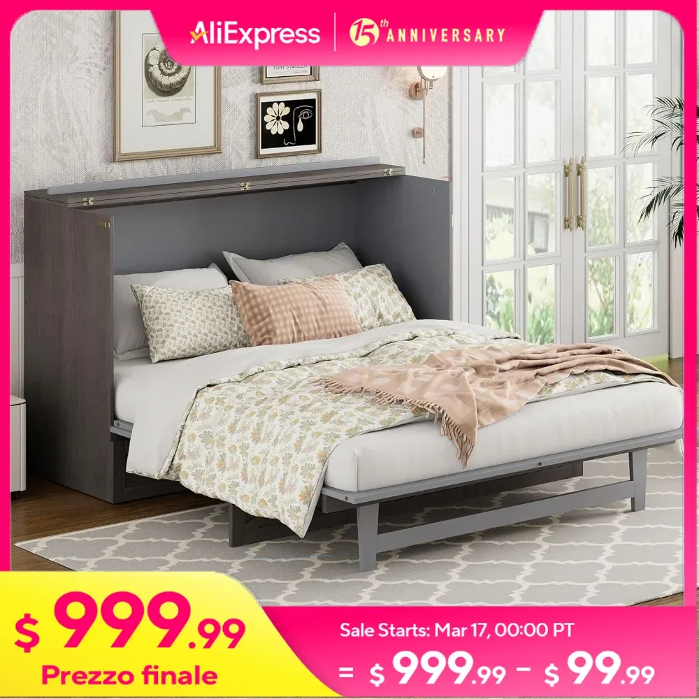 

Queen Size Murphy Bed Wall Bed, Solid Pine Murphy Bed Chest Cube Cabinet Bed with USB, Charging Station Small Room