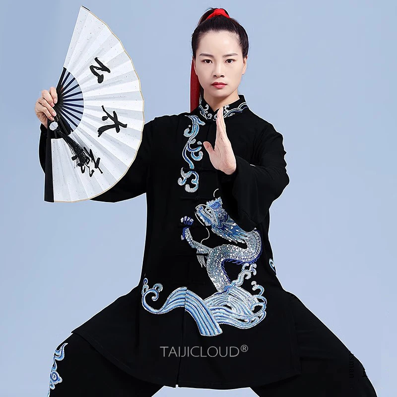 Original Tai Chi Uniform with Heavy Embroidery & Sequins Spring Autumn Martial Arts Competition Performance Wear