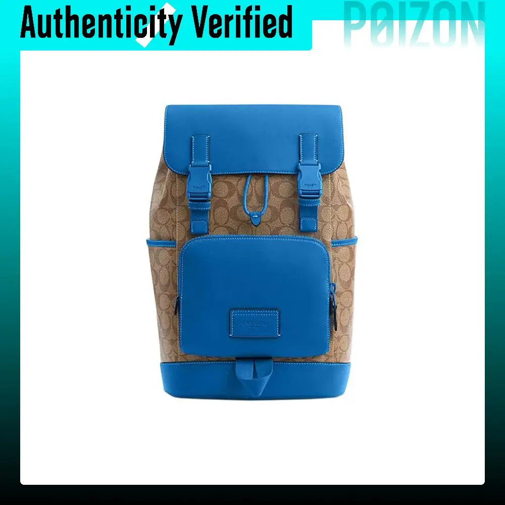 COACH Track Cow Leather Backpack Large Men's Khaki & Bright Blue CP019-1JWG3