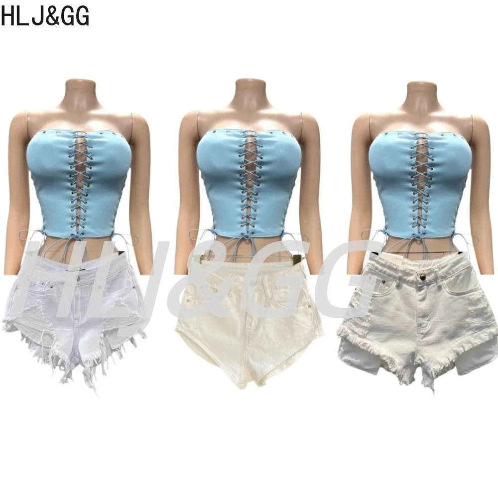 HLJ&GG Y2K Trend Fashion Stretchy Denim Shorts Two Piece Sets Women Off Shoulder Hollow Crop Top And Shorts Outfits Streetwear