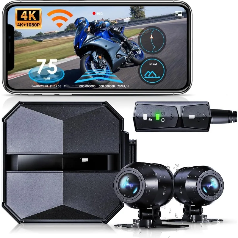 F1 Motorcycle 4K Front and Rear Dash Cam, 4K + 1080P Motorcycle Camera, GPS, Full Body Waterproof, Wi-Fi