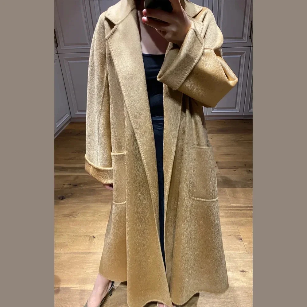 High-end Winter Cashmere Coat Women 2024 Autumn Long Loose Camel Coat Water Ripple 100% Cashmere Lace Fashionable Casual Jacket